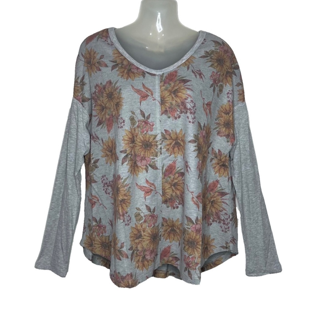 easel Floral Long Sleeve waffle thermal knit floral Pullover L